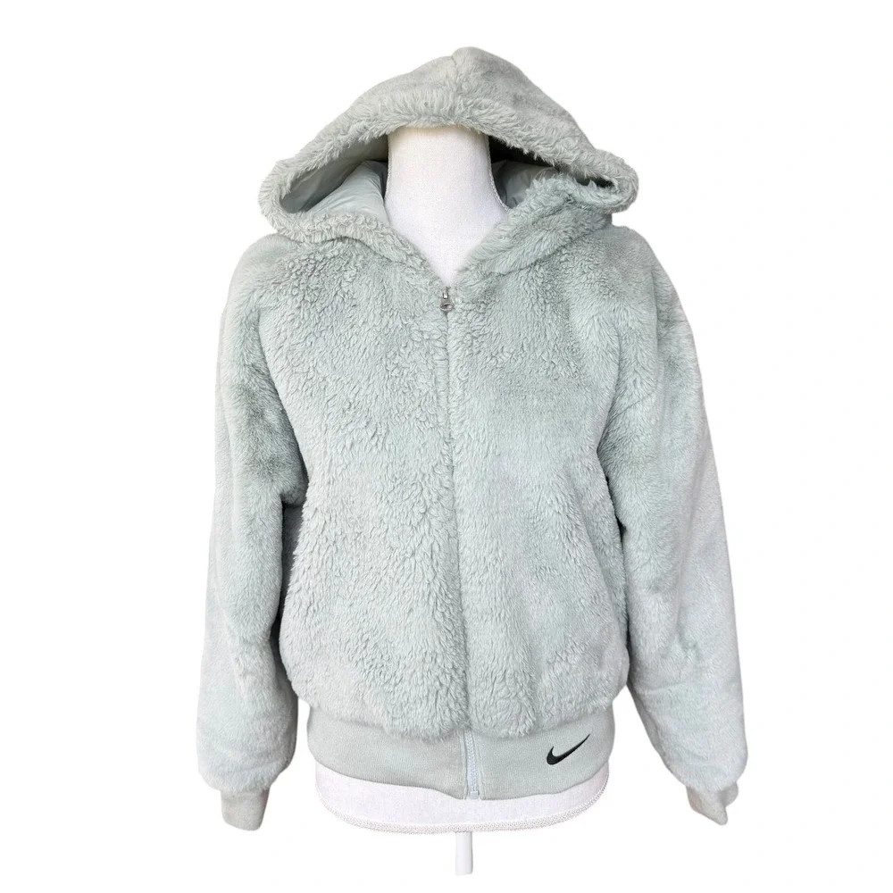 Nike Sportswear Women's Faux Fur Full-Zip Hoodie Sage Green DD5116-013 XS - Picture 2 of 11